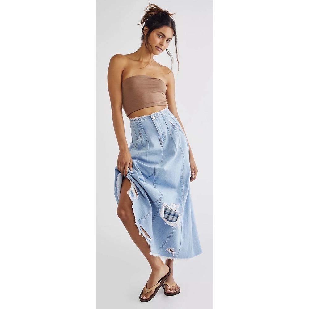 We‎ The Free Free People Maxi Denim Skirt Sz 4 Patchwork Boho Raw Hem Western
